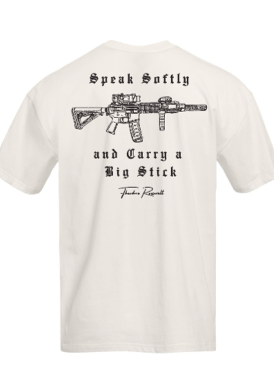 cream colored T-shirt with graphic designs on front and back.