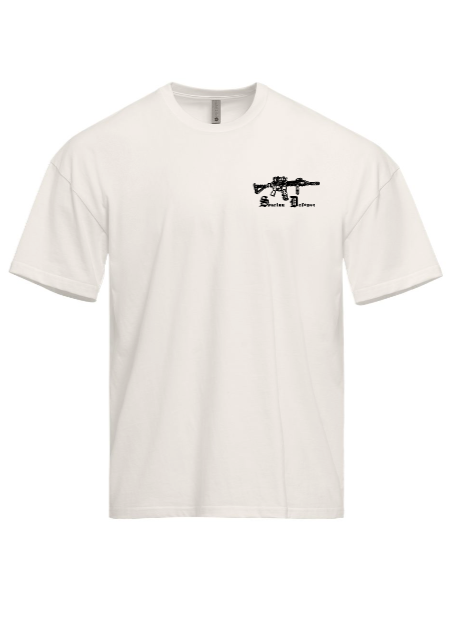 White t-shirt with a black graphic design on a white background